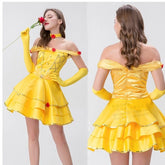Cosplay Beauty and the Beast Princess Belle Gold Dress Gloves Halloween Suits