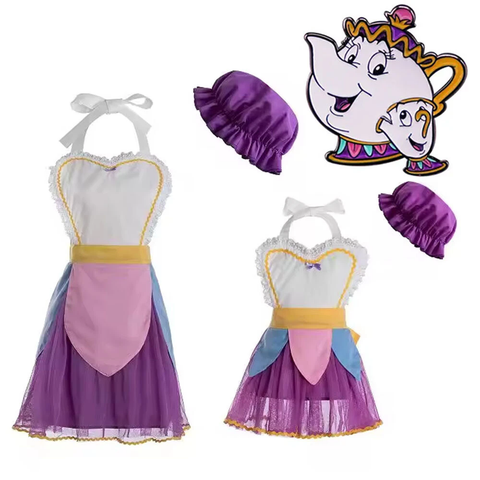 Cosplay Beauty and the Beast Mrs Potts Maid Dress Apron Hats Party Costumes Suit