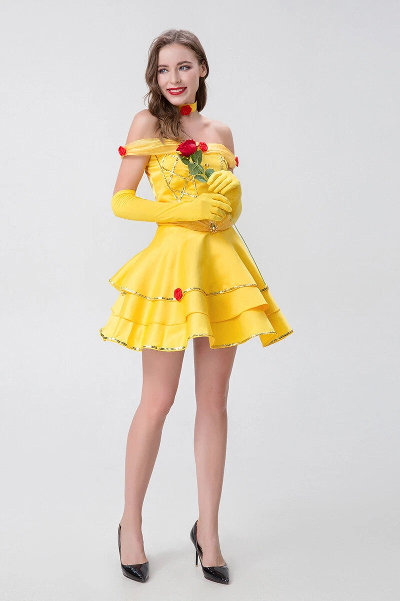 Cosplay Beauty and the Beast Princess Belle Gold Dress Gloves Halloween Suits