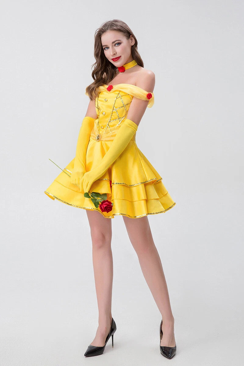 Cosplay Beauty and the Beast Princess Belle Gold Dress Gloves Halloween Suits