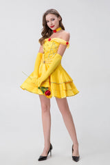 Cosplay Beauty and the Beast Princess Belle Gold Dress Gloves Halloween Suits