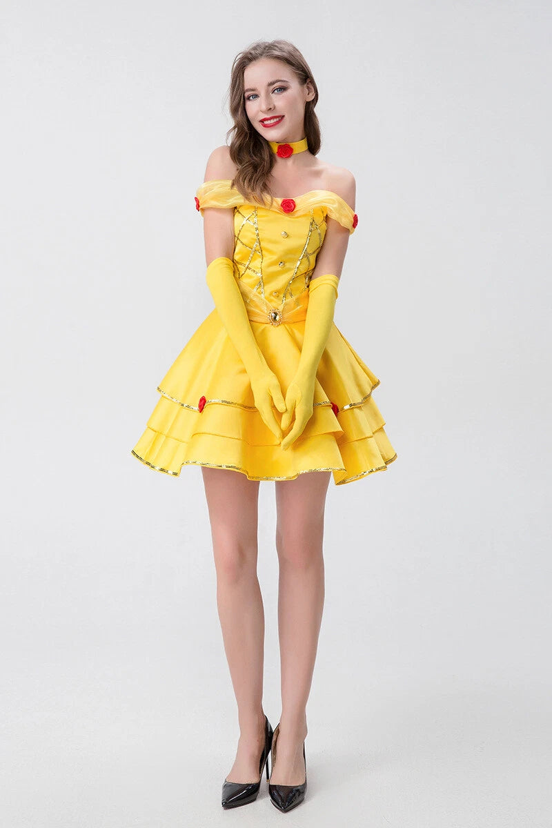 Cosplay Beauty and the Beast Princess Belle Gold Dress Gloves Halloween Suits