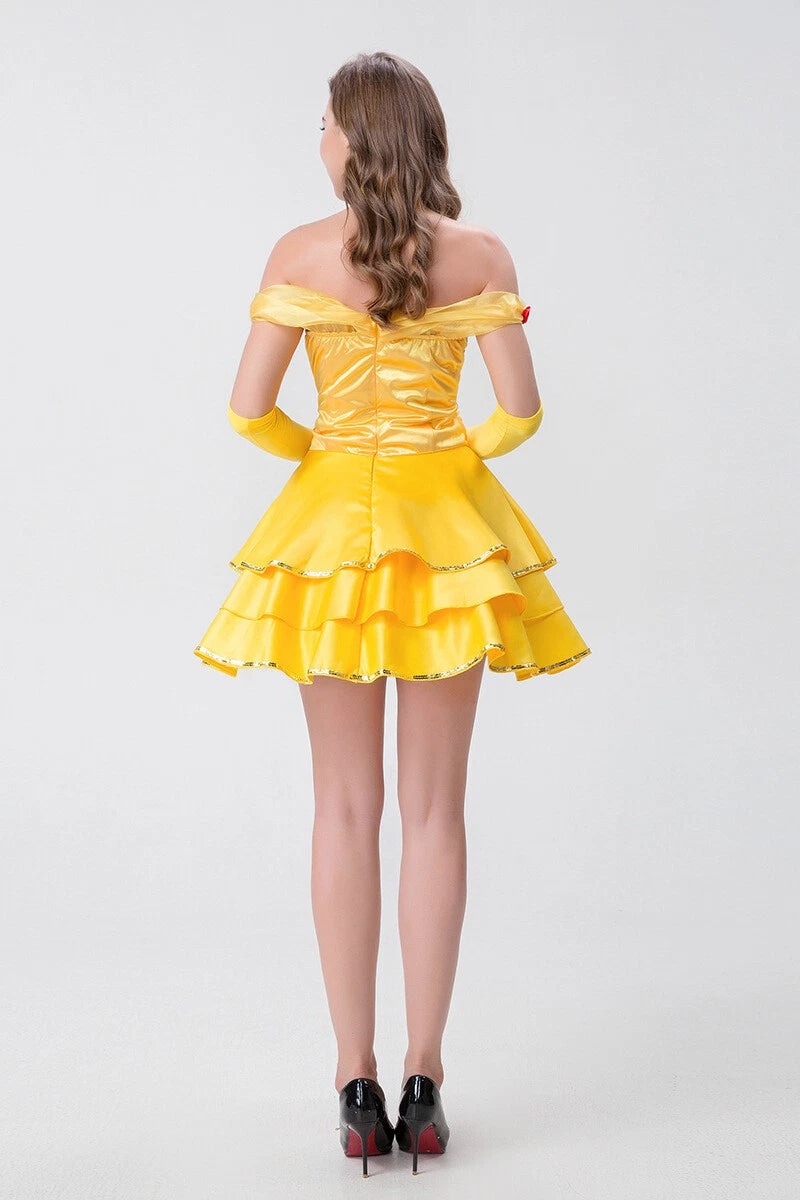 Cosplay Beauty and the Beast Princess Belle Gold Dress Gloves Halloween Suits