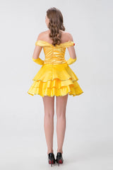 Cosplay Beauty and the Beast Princess Belle Gold Dress Gloves Halloween Suits