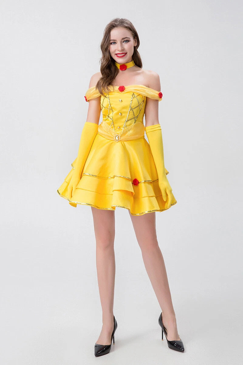 Cosplay Beauty and the Beast Princess Belle Gold Dress Gloves Halloween Suits