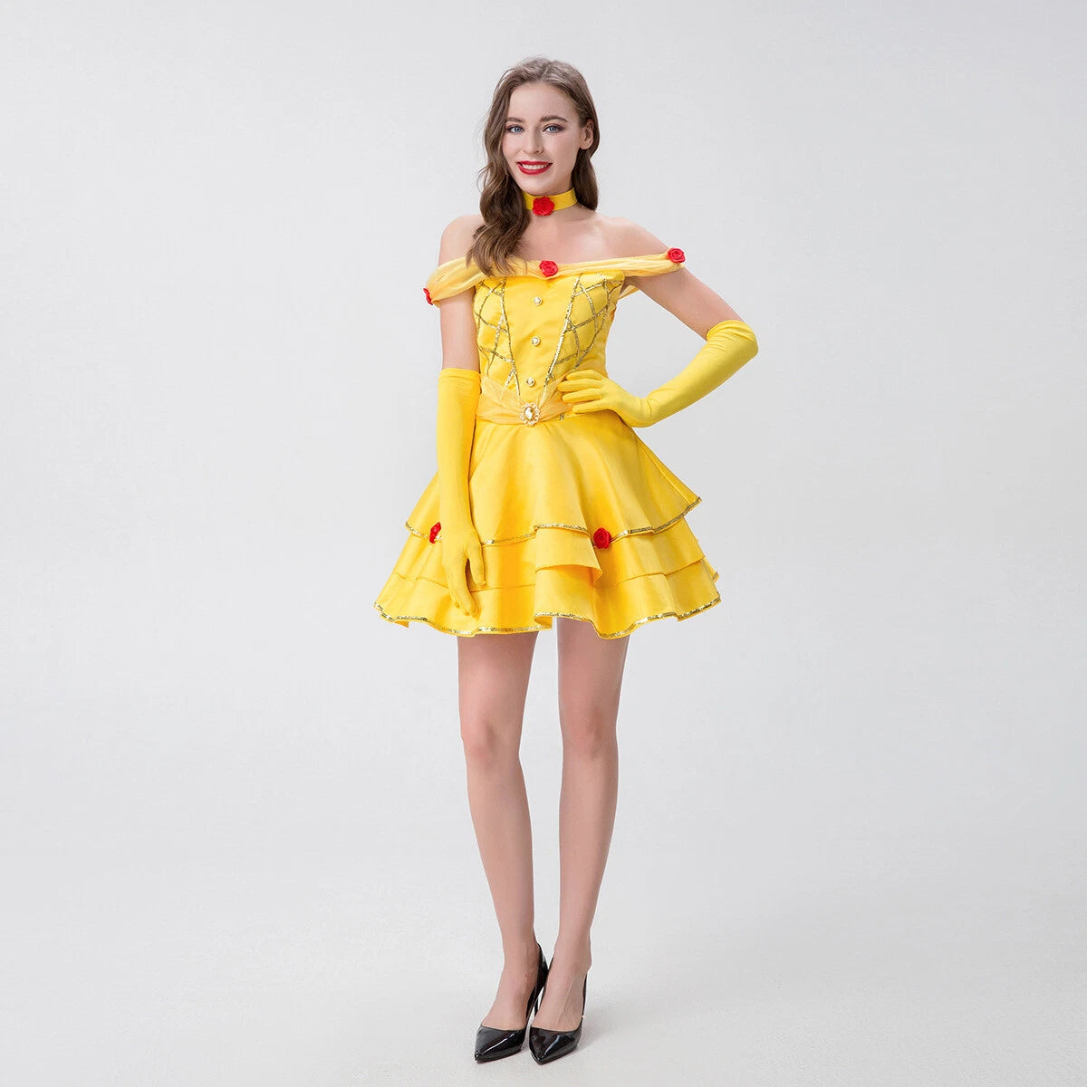 Cosplay Beauty and the Beast Princess Belle Gold Dress Gloves Halloween Suits