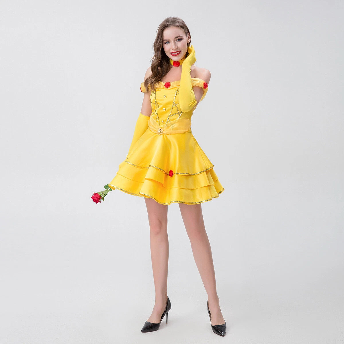 Cosplay Beauty and the Beast Princess Belle Gold Dress Gloves Halloween Suits