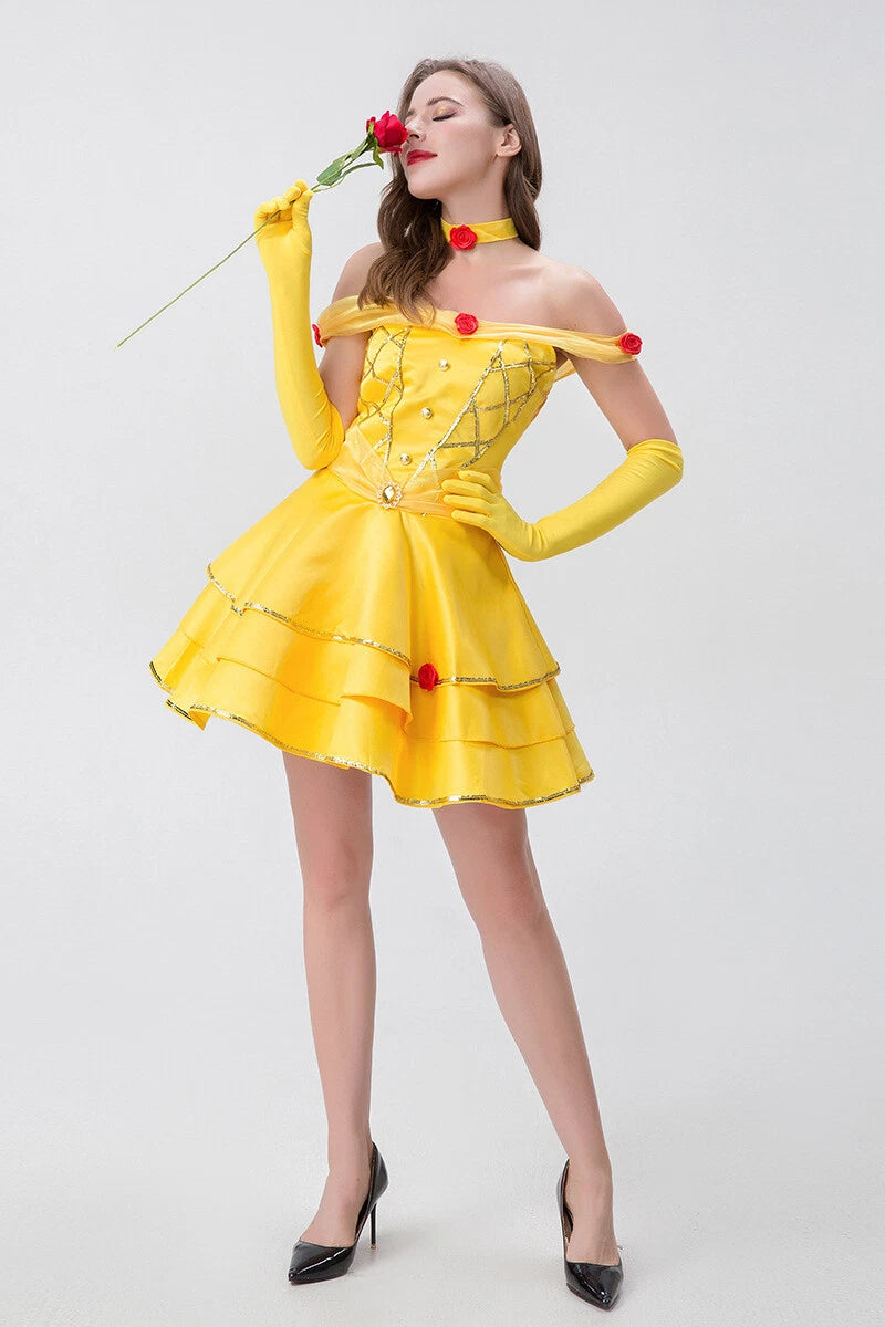 Cosplay Beauty and the Beast Princess Belle Gold Dress Gloves Halloween Suits