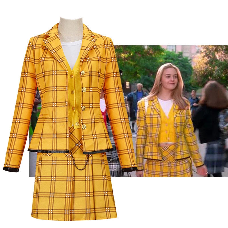 Cosplay Clueless Cher Yellow Check Suits Halloween Masquerade Outfits Costumes