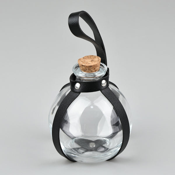 Dark Magic Potion Bottle Black Wizard Potions Glass Holder with Cork Stopper and Faux Leather Harness with Holster Loop
