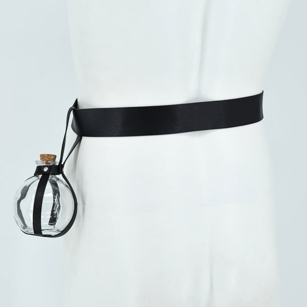 Dark Magic Potion Bottle Black Wizard Potions Glass Holder with Cork Stopper and Faux Leather Harness with Holster Loop