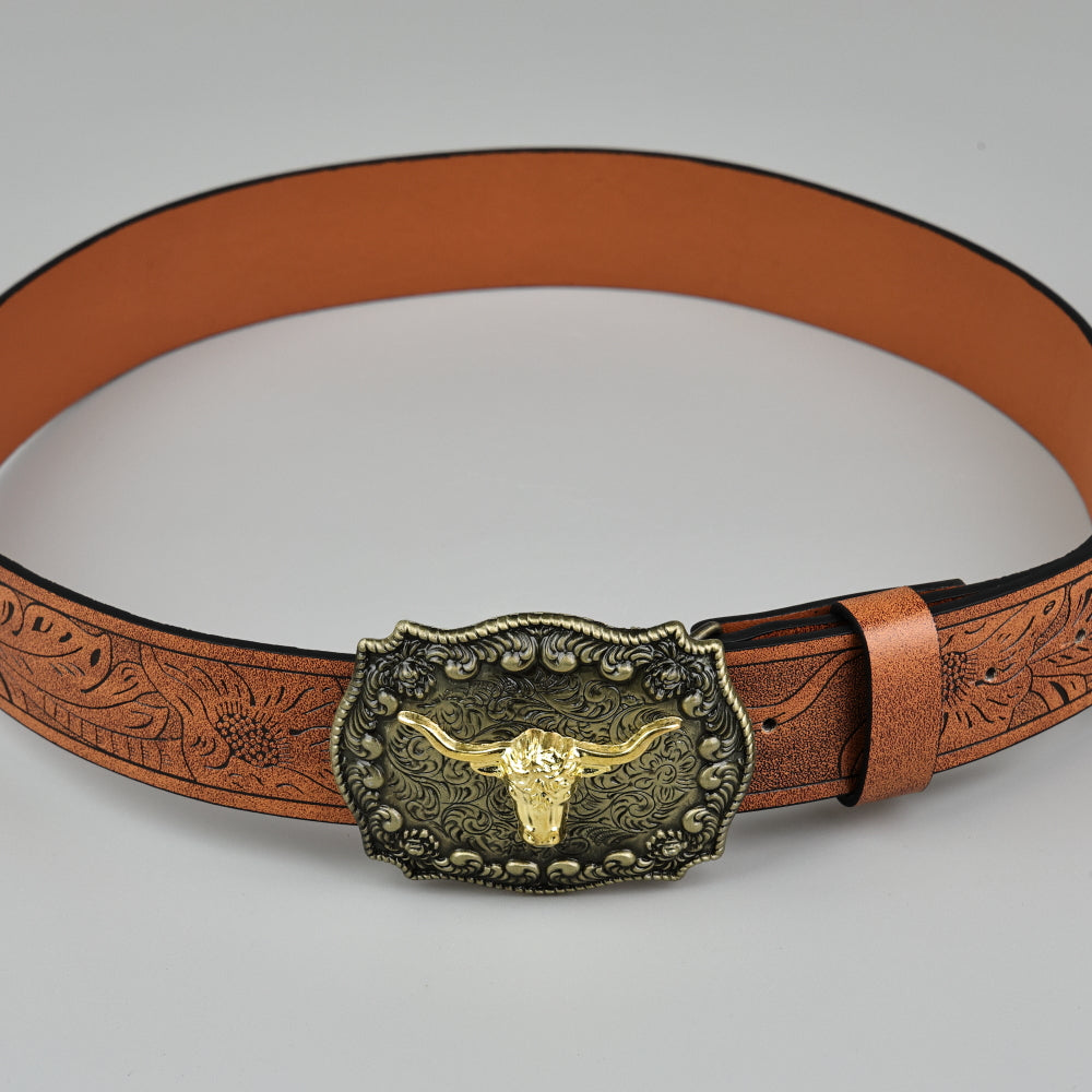 Vintage Western Leather Belt Country Cowgirl Belt Embossed With Long Horn Bull Buckles