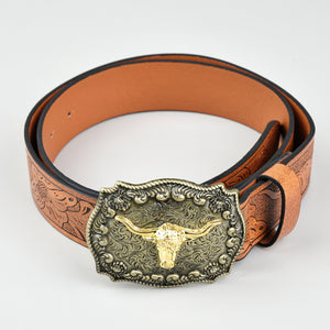 Vintage Western Leather Belt Country Cowgirl Belt Embossed With Long Horn Bull Buckles