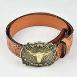 Vintage Western Leather Belt Country Cowgirl Belt Embossed With Long Horn Bull Buckles