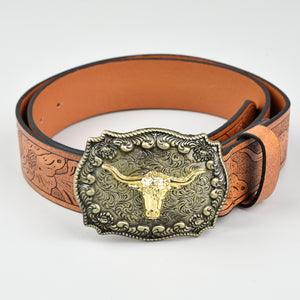 Vintage Western Leather Belt Country Cowgirl Belt Embossed With Long Horn Bull Buckles