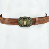 Vintage Western Leather Belt Country Cowgirl Belt Embossed With Long Horn Bull Buckles