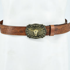 Vintage Western Leather Belt Country Cowgirl Belt Embossed With Long Horn Bull Buckles