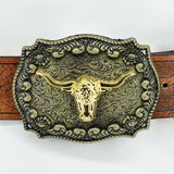 Vintage Western Leather Belt Country Cowgirl Belt Embossed With Long Horn Bull Buckles