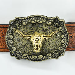 Vintage Western Leather Belt Country Cowgirl Belt Embossed With Long Horn Bull Buckles