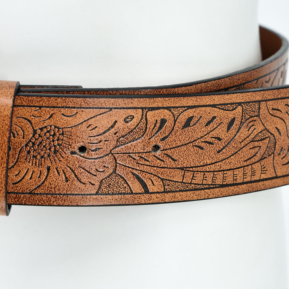 Vintage Western Leather Belt Country Cowgirl Belt Embossed With Long Horn Bull Buckles