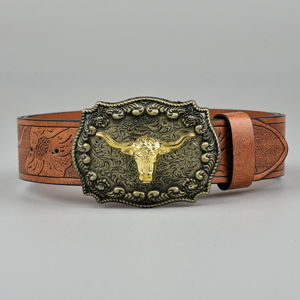 Vintage Western Leather Belt Country Cowgirl Belt Embossed With Long Horn Bull Buckles