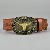 Vintage Western Leather Belt Country Cowgirl Belt Embossed With Long Horn Bull Buckles