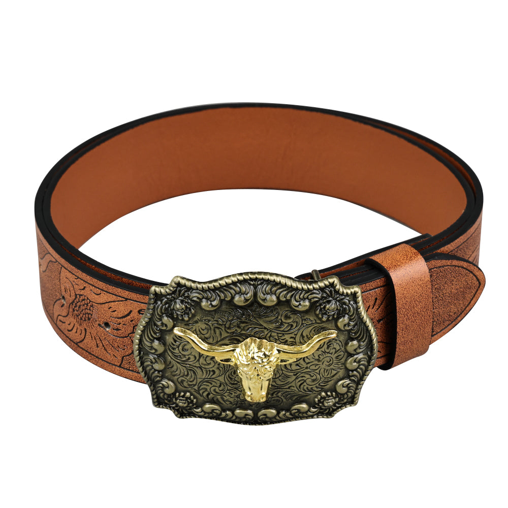 Vintage Western Leather Belt Country Cowgirl Belt Embossed With Long Horn Bull Buckles