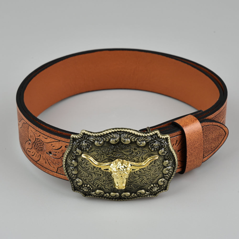 Vintage Western Leather Belt Country Cowgirl Belt Embossed With Long Horn Bull Buckles