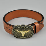 Vintage Western Leather Belt Country Cowgirl Belt Embossed With Long Horn Bull Buckles