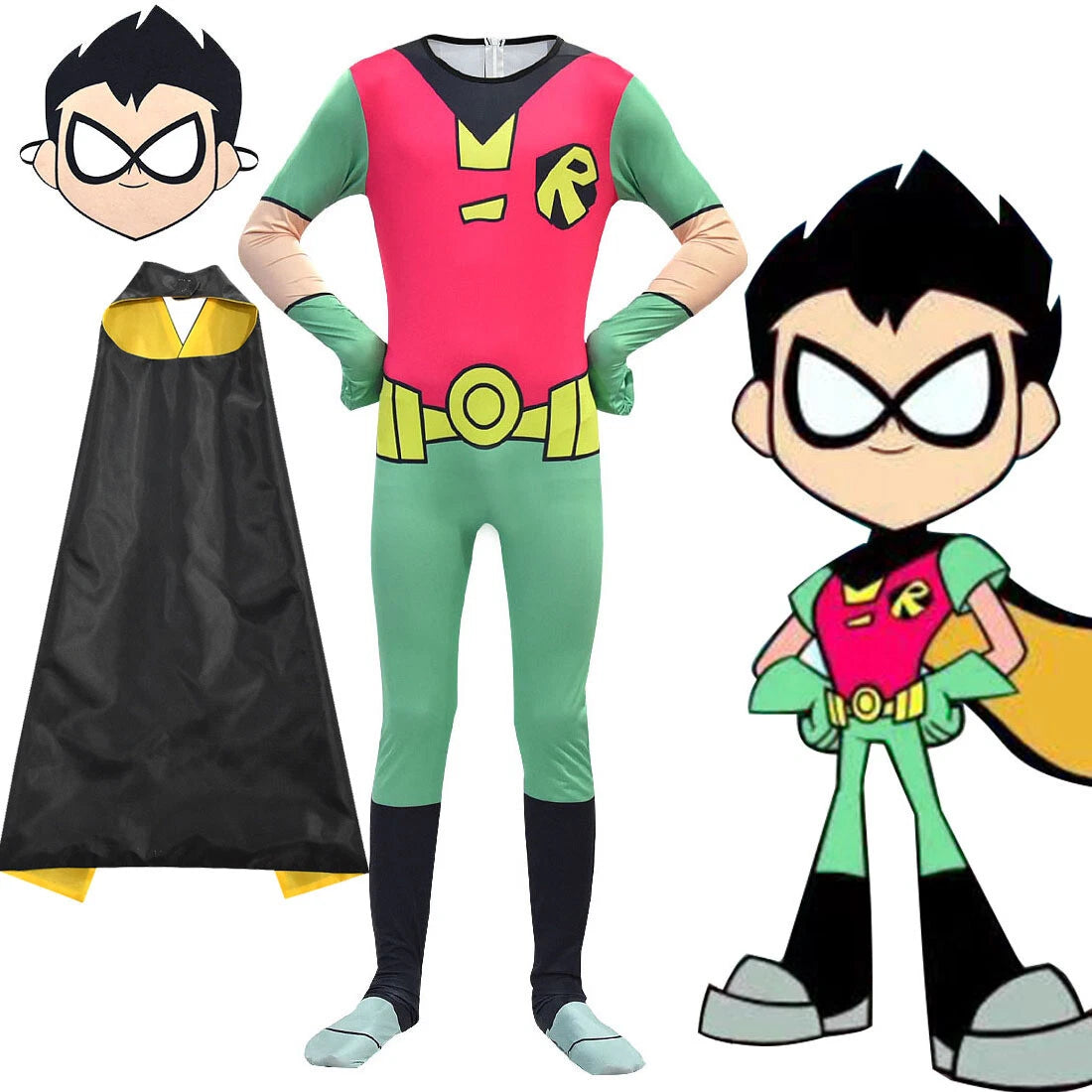 Cosplay Teen Titans Robin Kids Mask Jumpsuits Cape Halloween Boys Carnival Suits